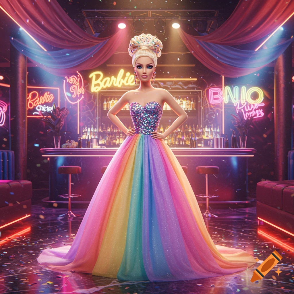 A Barbie doll in a sparkling rainbow gown stands confidently in a neon-lit bar, with confetti falling.
