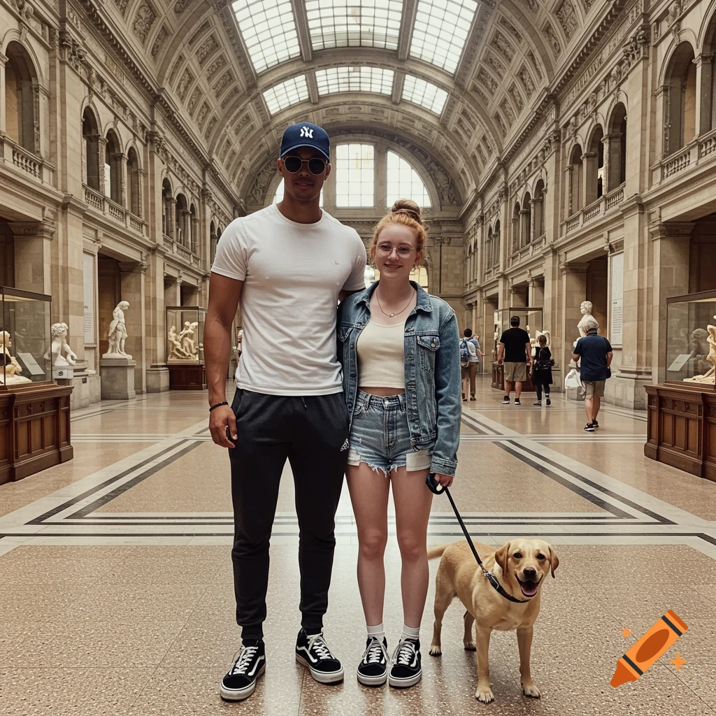 A couple and their Labrador Retriever stand in a large, ornate museum hall with vaulted ceilings and sculptures.