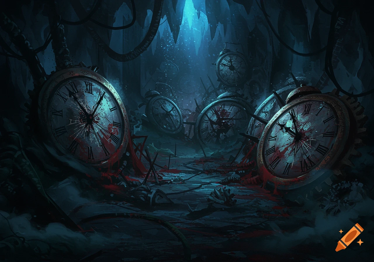 A dark, eerie scene with several large, broken clocks covered in blood, resembling a corrupted time theme within a cave.