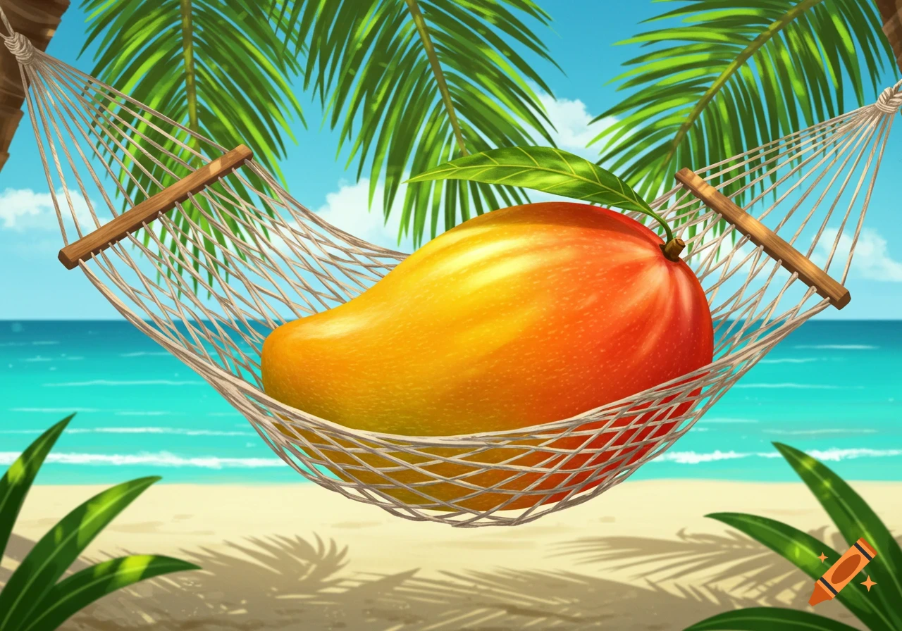 A colorful mango rests in a hammock on a sunny tropical beach with palm trees and blue ocean.