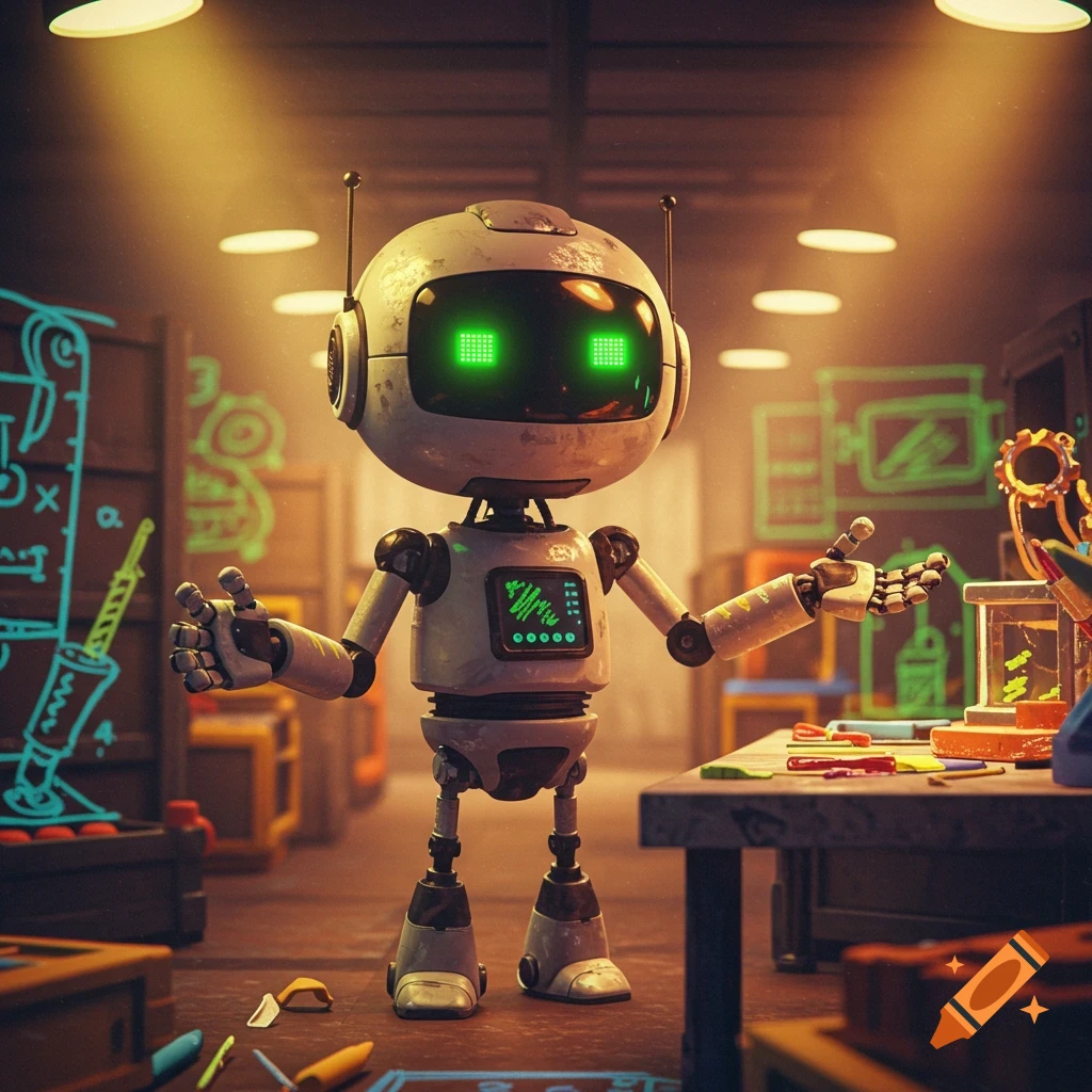 A cute white robot with glowing green eyes stands in a dimly lit, cluttered workshop with glowing schematics on the walls.
