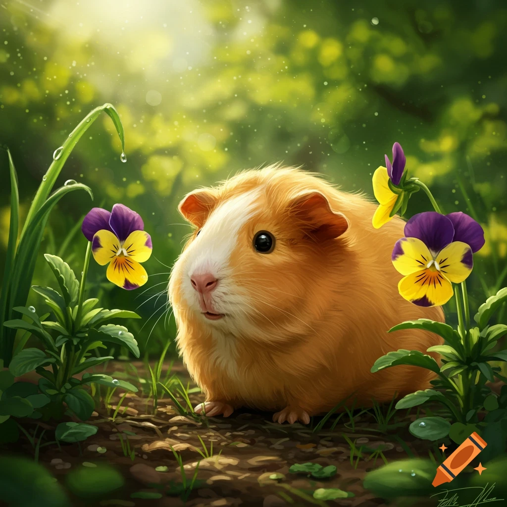 A cute, fluffy guinea pig sits among green foliage and purple and yellow pansies in a sunlit garden.