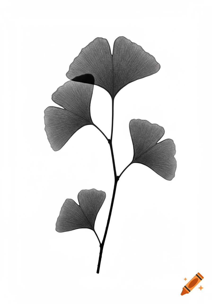 Black and white minimalist illustration of a ginkgo biloba branch with fan-shaped leaves on a white background.