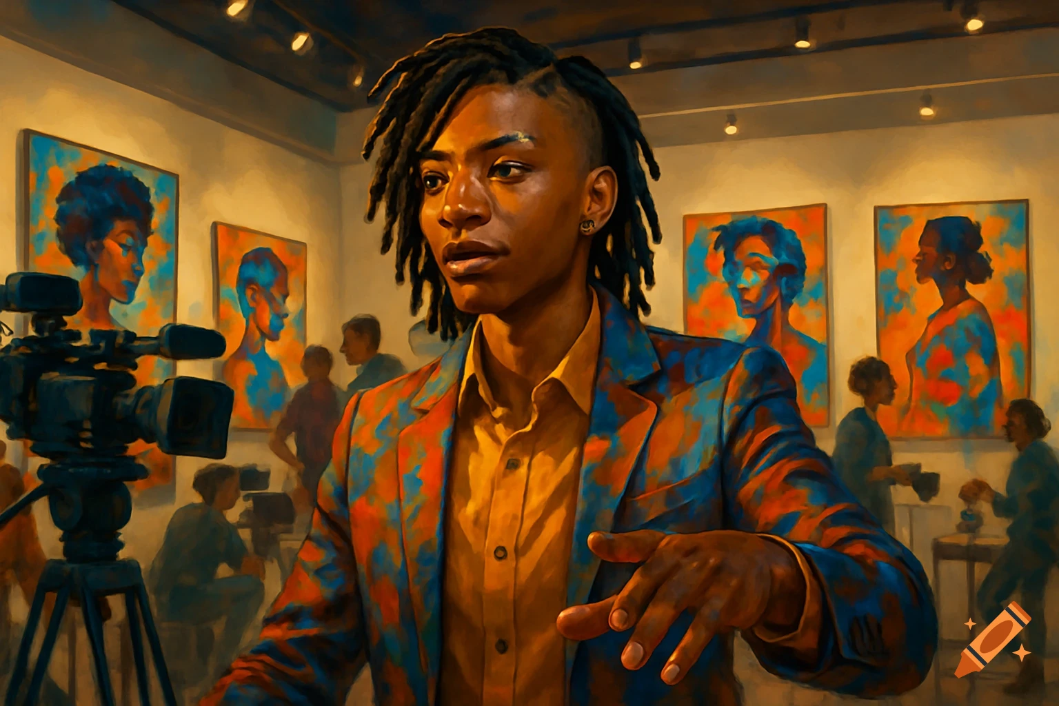 A Black person with dreadlocks and an eyebrow piercing, wearing a colorful suit, stands in an art gallery, gesturing. A camera on a tripod is to the left, and abstract paintings hang on the walls in the background.