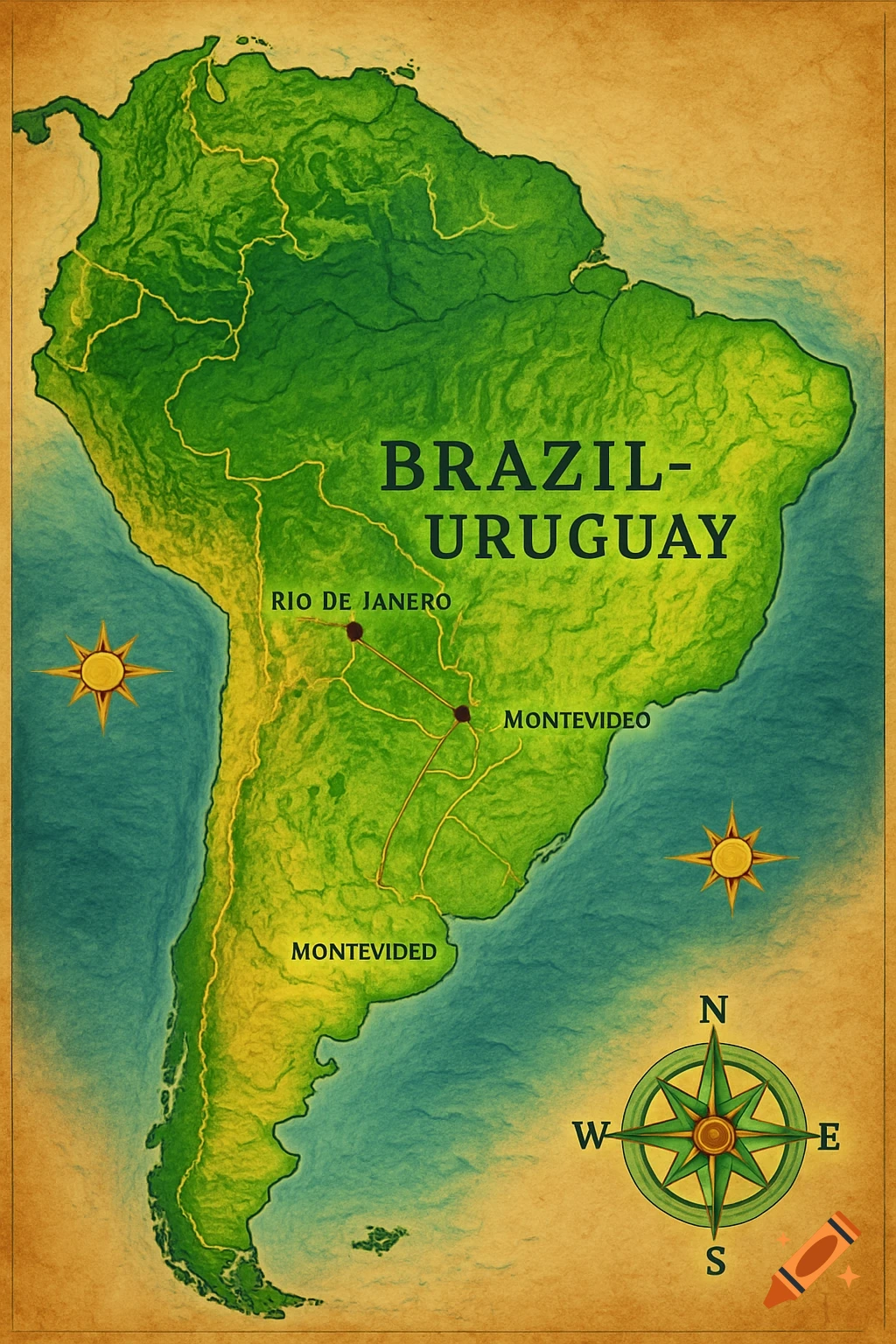 A vintage-style map of South America, depicting Brazil and Uruguay as a single country. The map shows major cities and a compass rose.
