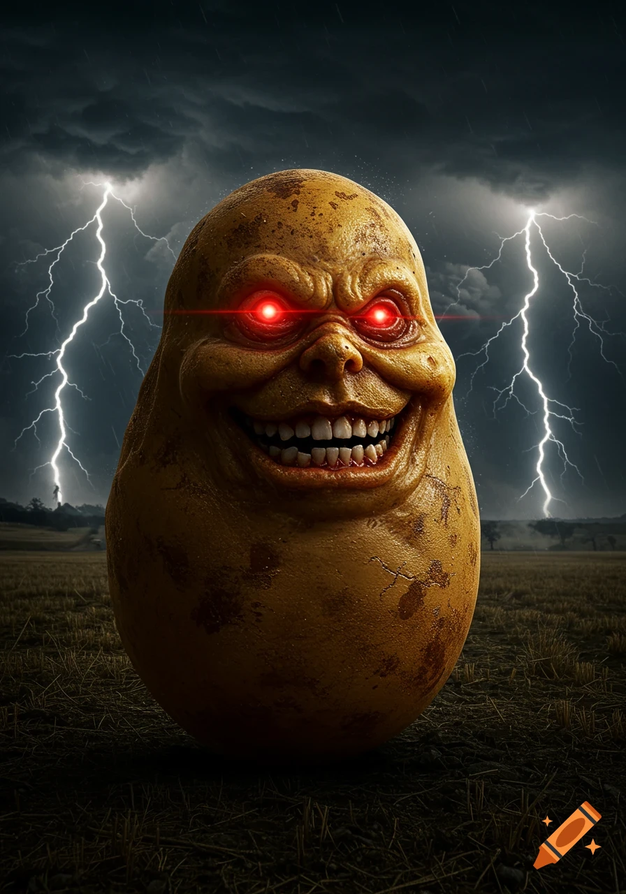 A monstrous, grinning potato with glowing red eyes stands in a field under a stormy, lightning-filled sky.