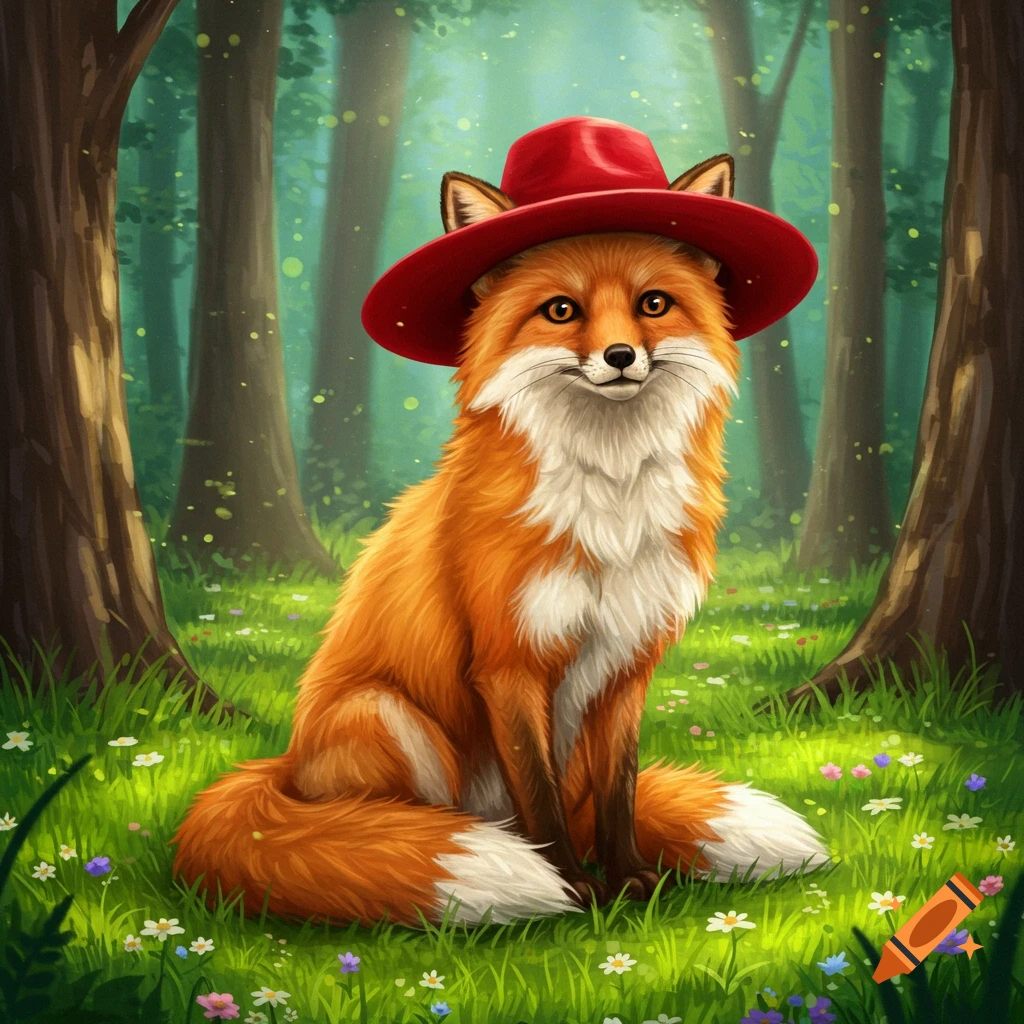 A cute orange fox wearing a red hat sits in a lush green forest with flowers, in an illustrative style.