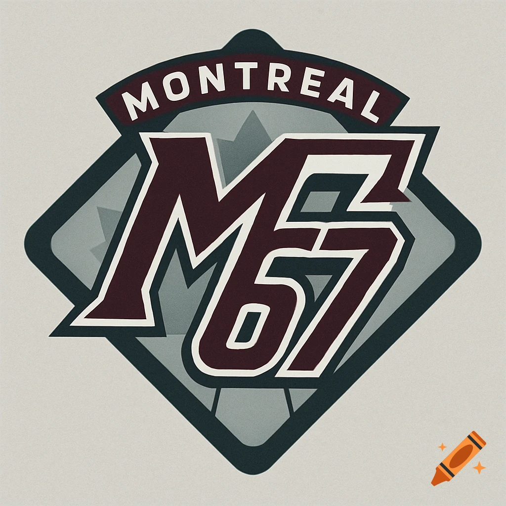 A vintage-style baseball logo featuring the word 'MONTREAL' above a large, stylized 'M67' in maroon and white, on a gray and black diamond shape.