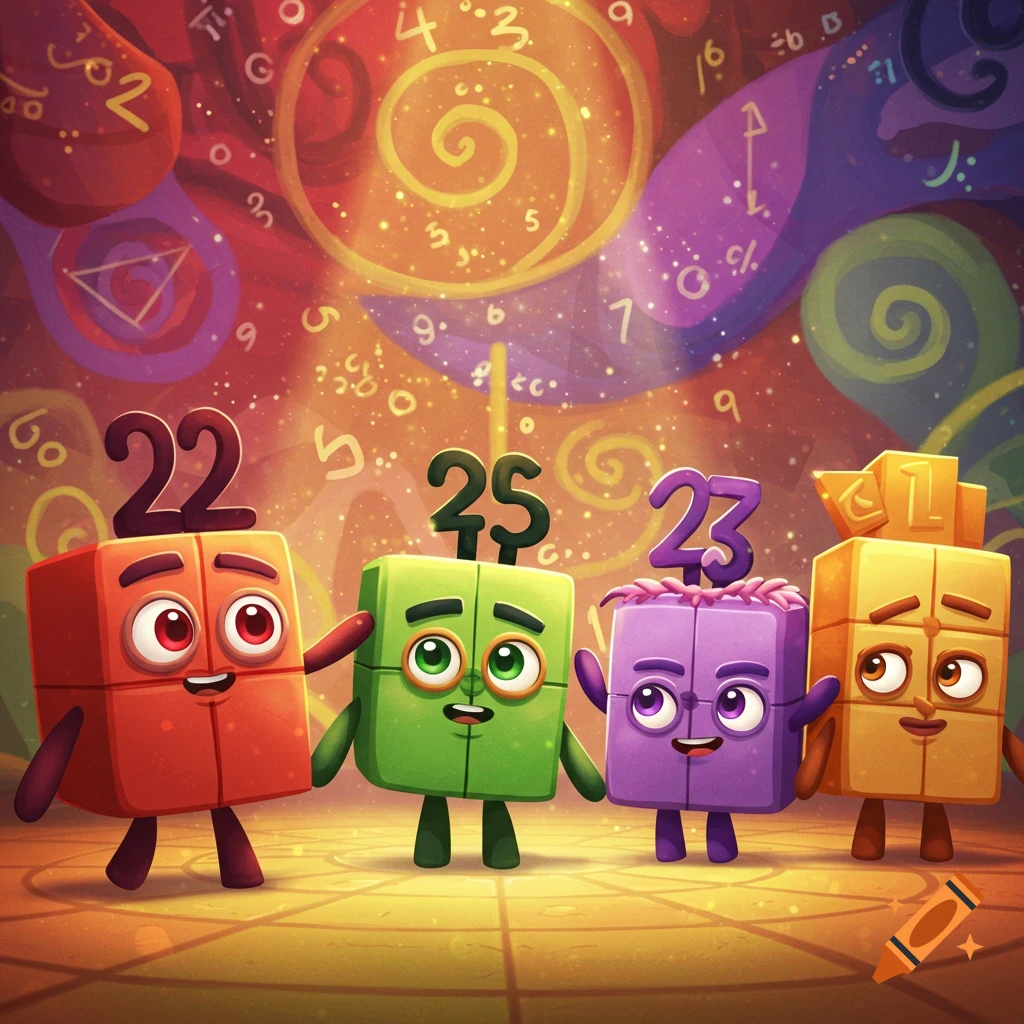Four colorful cartoon Numberblock characters, red 22, green 25, purple 23, and yellow 1, stand on a tiled floor with a vibrant, swirling number-filled background.