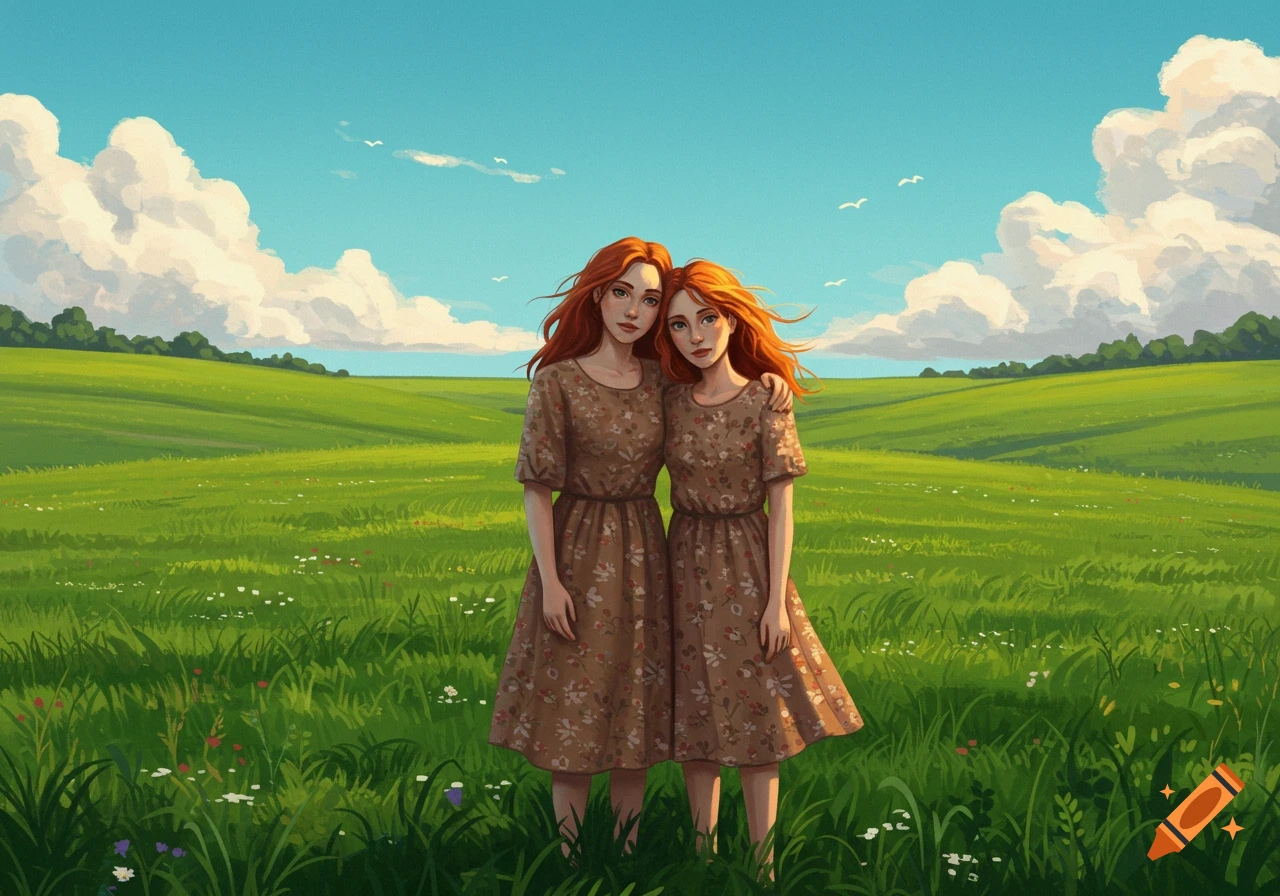 Two red-haired women in brown floral dresses stand in a vibrant green field under a blue sky with white clouds, one with an arm around the other.