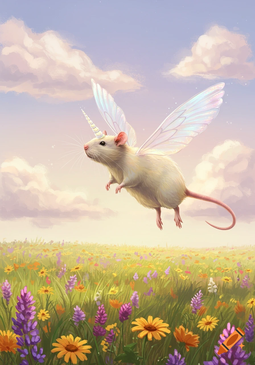 A white rat with iridescent fairy wings and a unicorn horn flies over a vibrant field of colorful wildflowers under a cloudy sky.