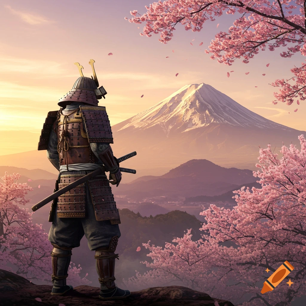 A samurai in full armor stands on a cliff, looking at Mount Fuji and cherry blossoms at sunset. Photorealistic style.