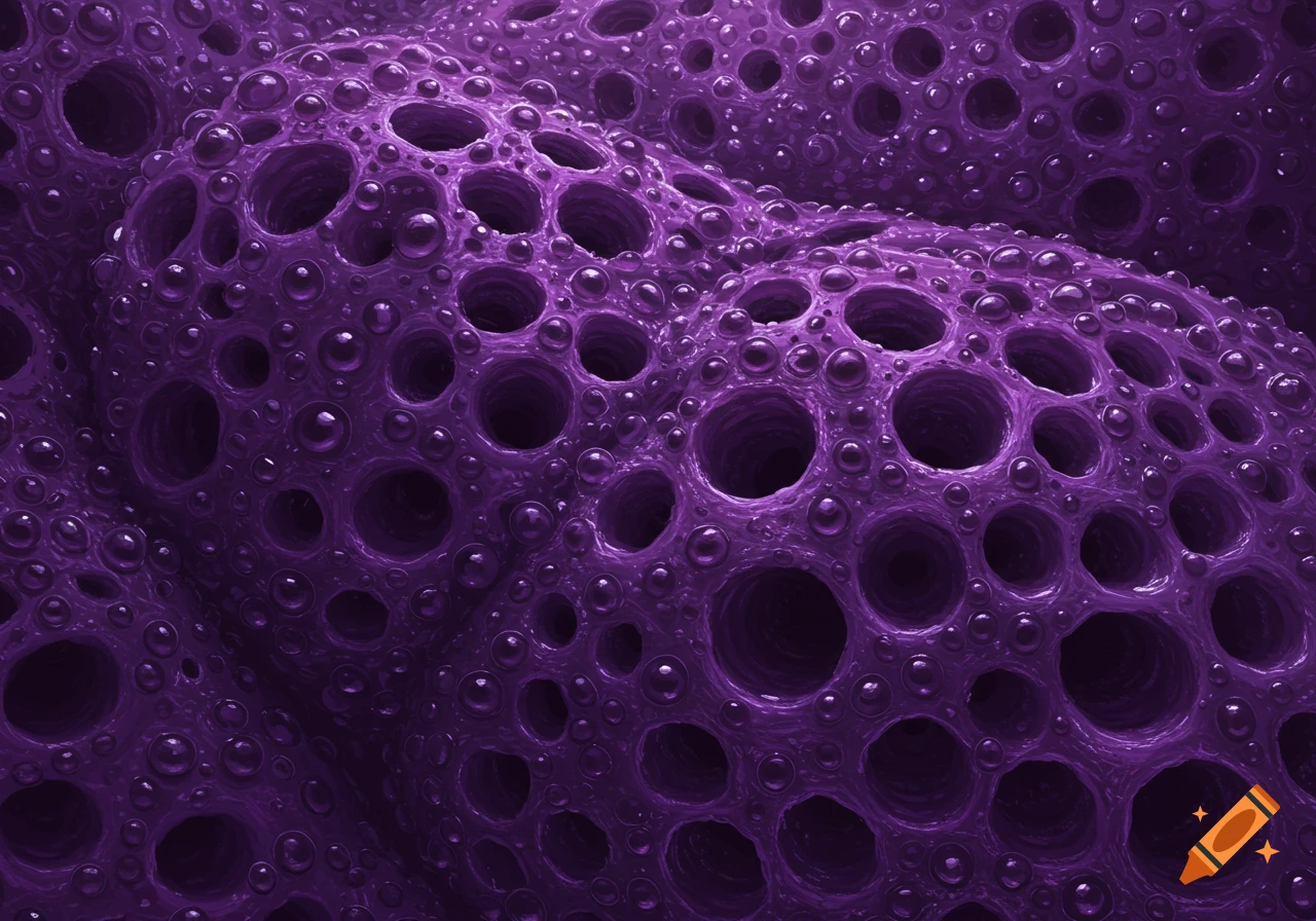 A close-up of a vibrant purple, organic-looking texture covered in numerous small holes and bubbles.