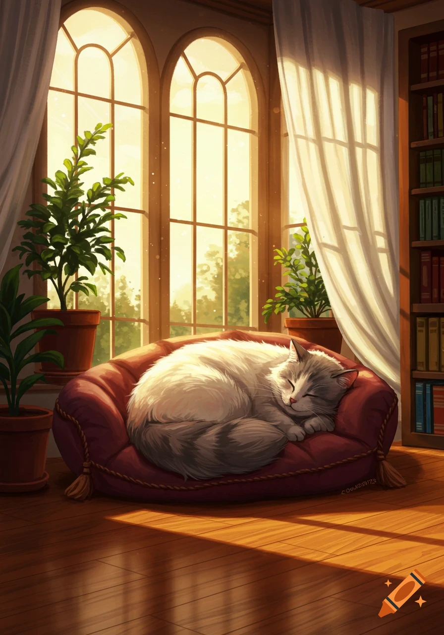 A fluffy white and gray cat sleeps curled on a red cushion in a sunlit room with arched windows, digital illustration.
