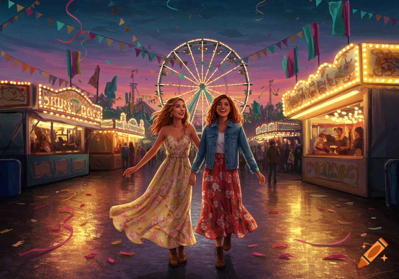 Two smiling women in floral dresses walk through a vibrant carnival at dusk, with a ferris wheel and brightly lit stalls in the background.