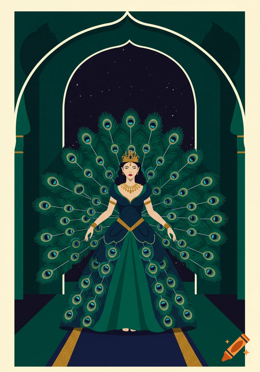 A stylized illustration of a woman in a dark teal dress with an elaborate peacock feather train and a crown, standing under an archway with a starry sky in the background.