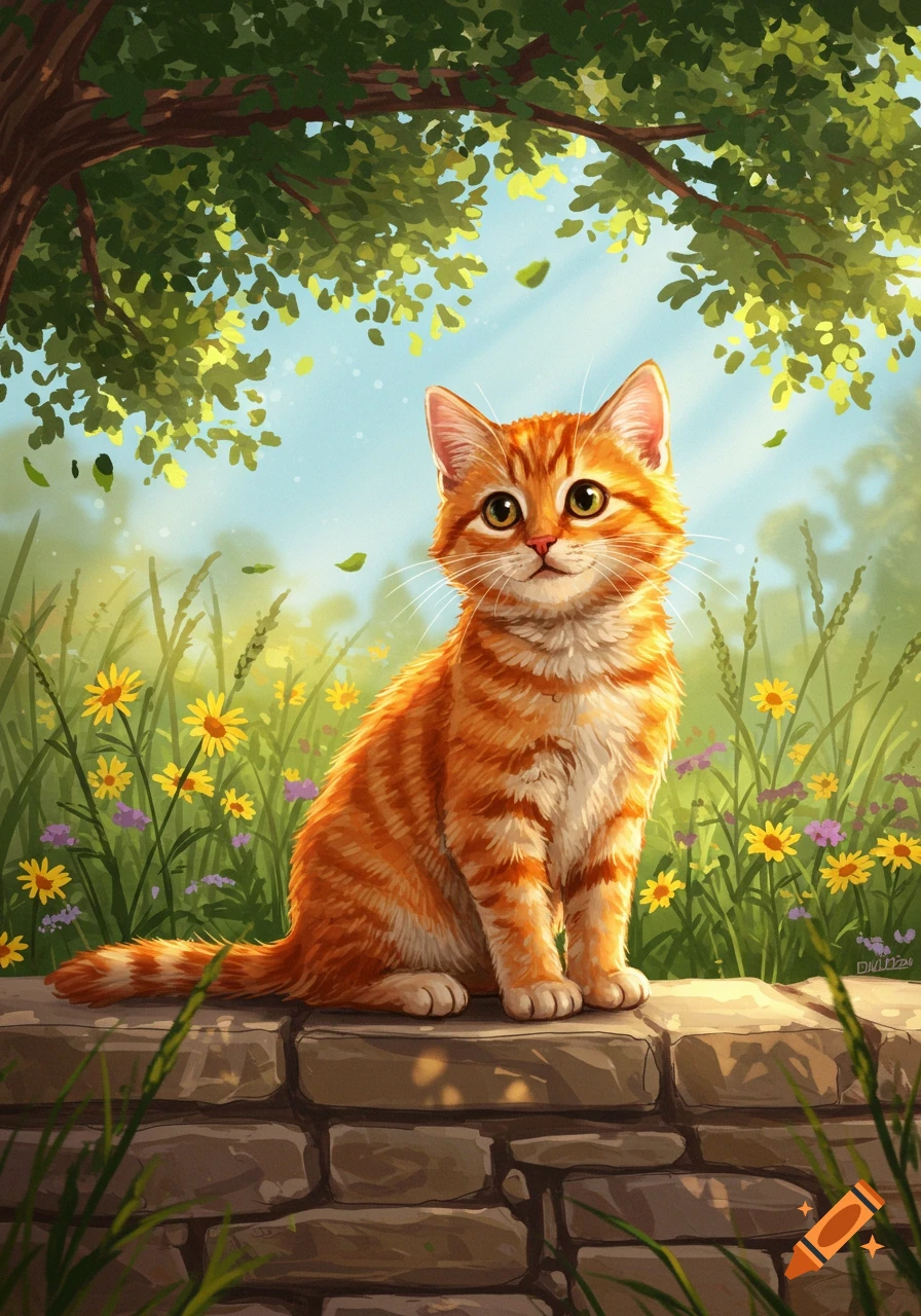 A cute orange tabby cat sits on a stone wall in a sunny field with wildflowers under a tree, digital painting.