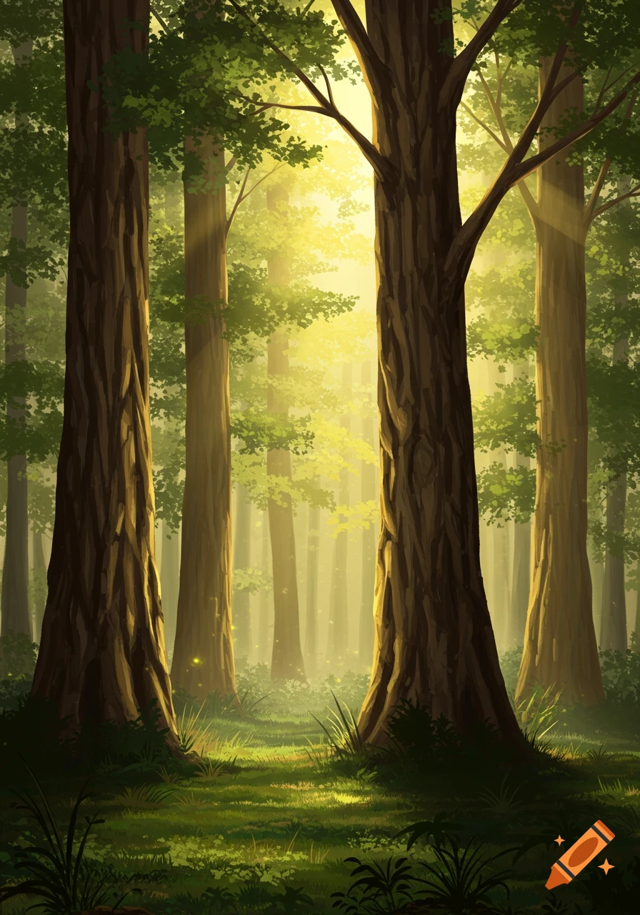 A digital painting depicting a sunlit forest scene with tall trees and a vibrant green, grassy floor.