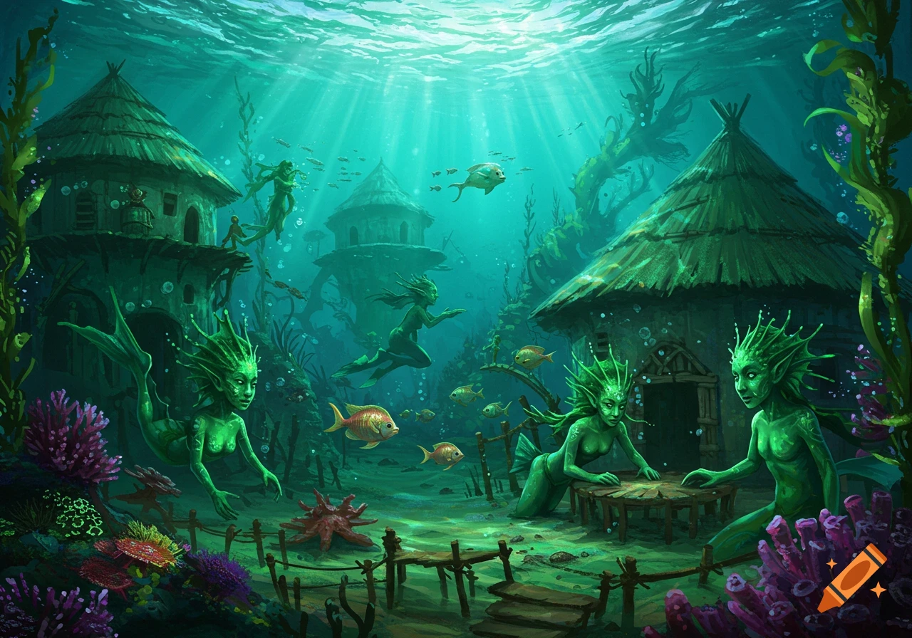 An ethereal underwater village with green-skinned sea elves, thatched dome-shaped houses, and colorful coral.