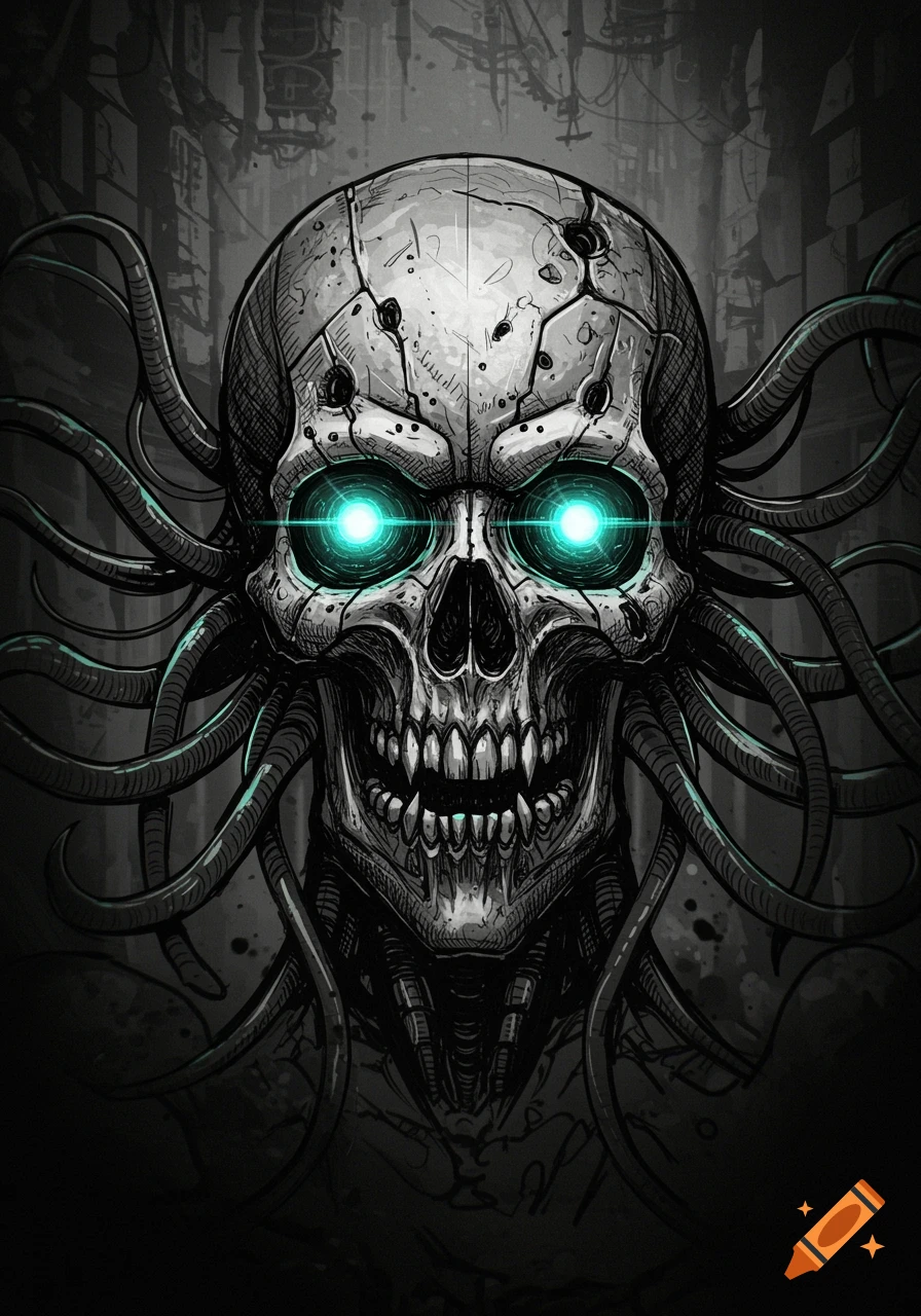A grim dark cyborg skull with glowing blue eyes and wires emerging from its head, in a detailed pen and ink style.