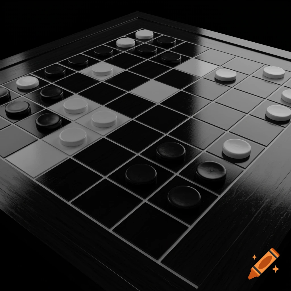 A photorealistic black and white checkers board with black and white pieces arranged on it.