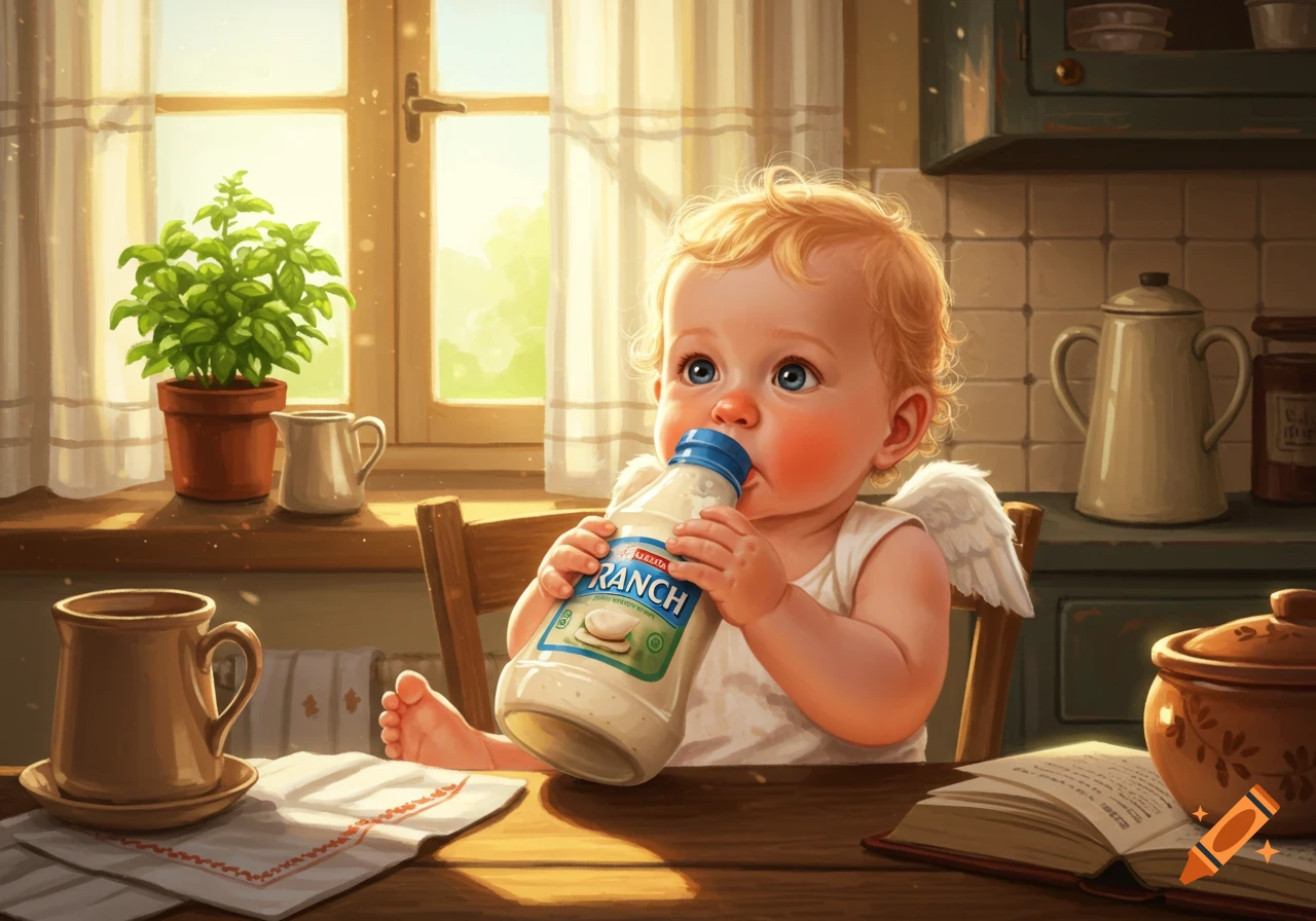 An adorable baby with blonde curls and tiny wings sits at a kitchen table, drinking from a large bottle of ranch dressing.
