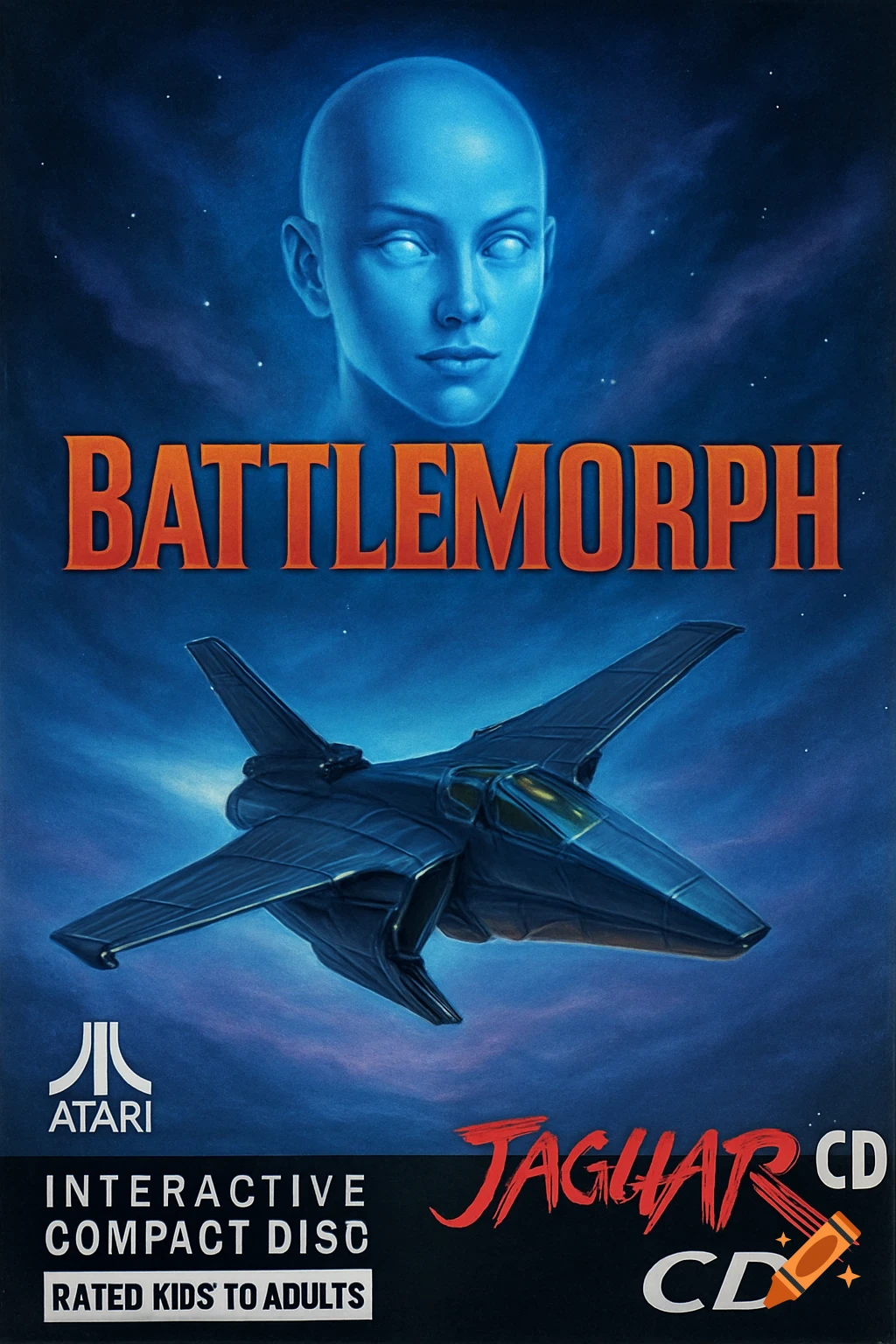 Cover art for Battlemorph for Atari Jaguar CD, featuring a blue bald female head and a dark futuristic jet.