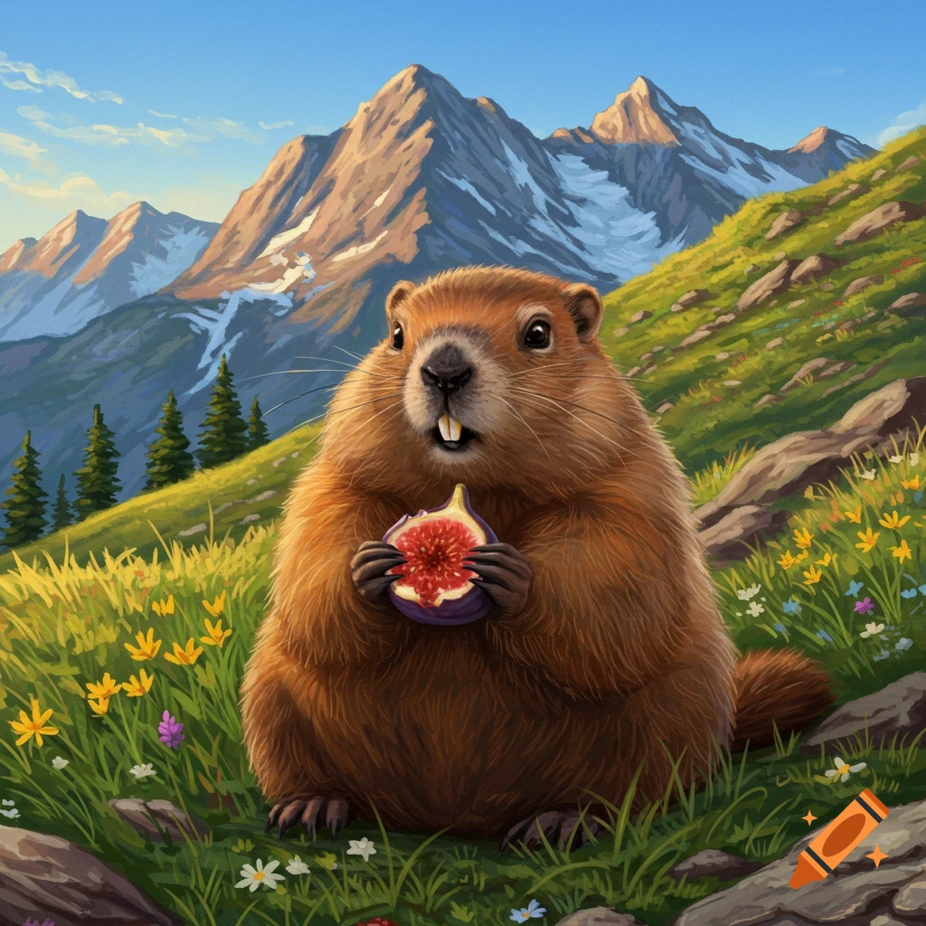 A cute groundhog holds and eats a fig in a grassy mountain landscape with snowy peaks.