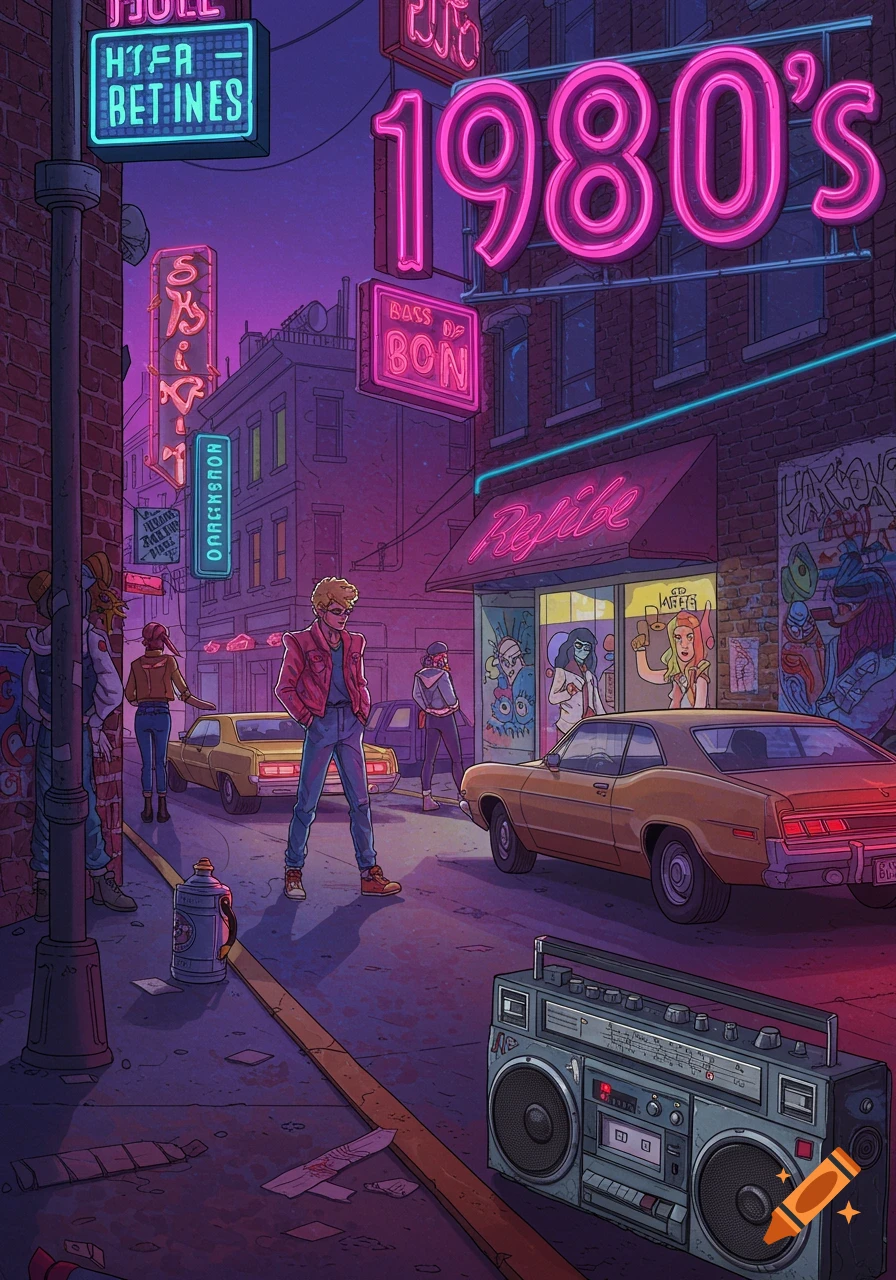 A vibrant 1980s street scene at night with neon signs, vintage cars, and people, in a cartoonish style.