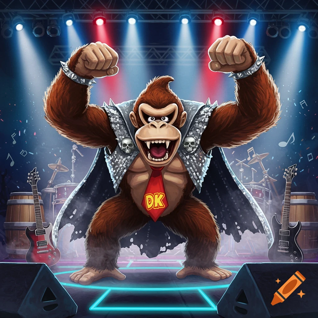Donkey Kong as a rockstar, wearing a studded cape and tie with DK logo, flexing on a stage with guitars and drums under spotlights.