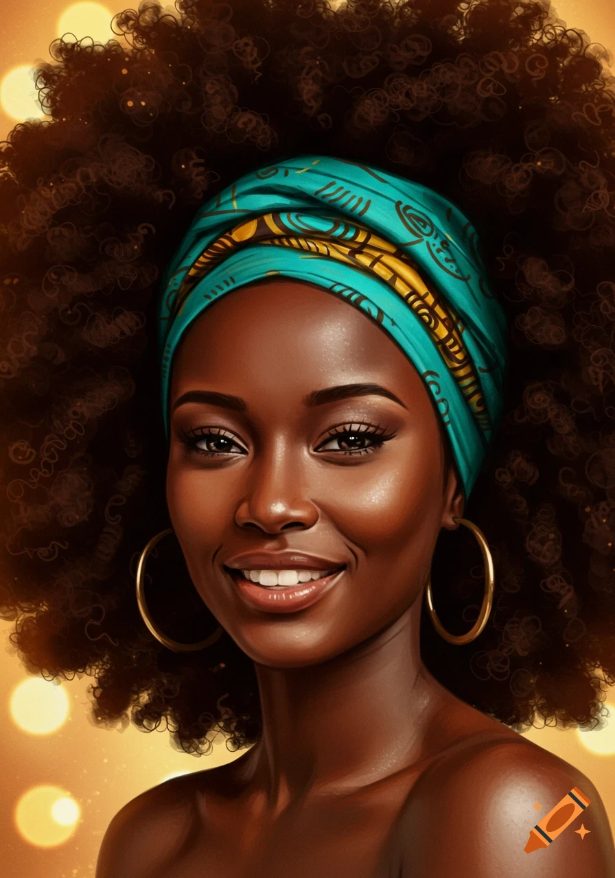 A close-up portrait of a smiling Black woman with dark curly hair and a patterned teal headwrap.