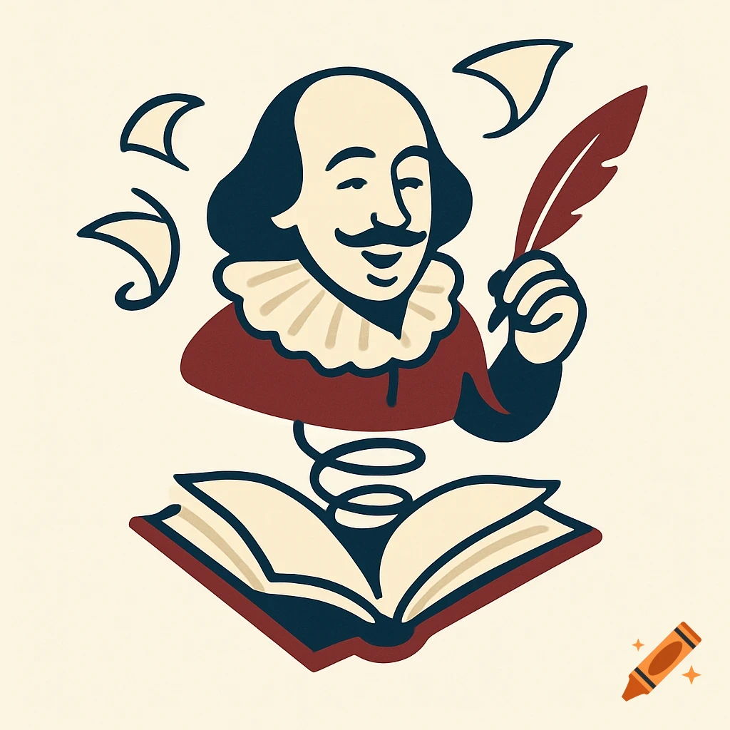 A stylized cartoon illustration of William Shakespeare, depicted as a jack-in-the-box, emerging from an open book while holding a quill.