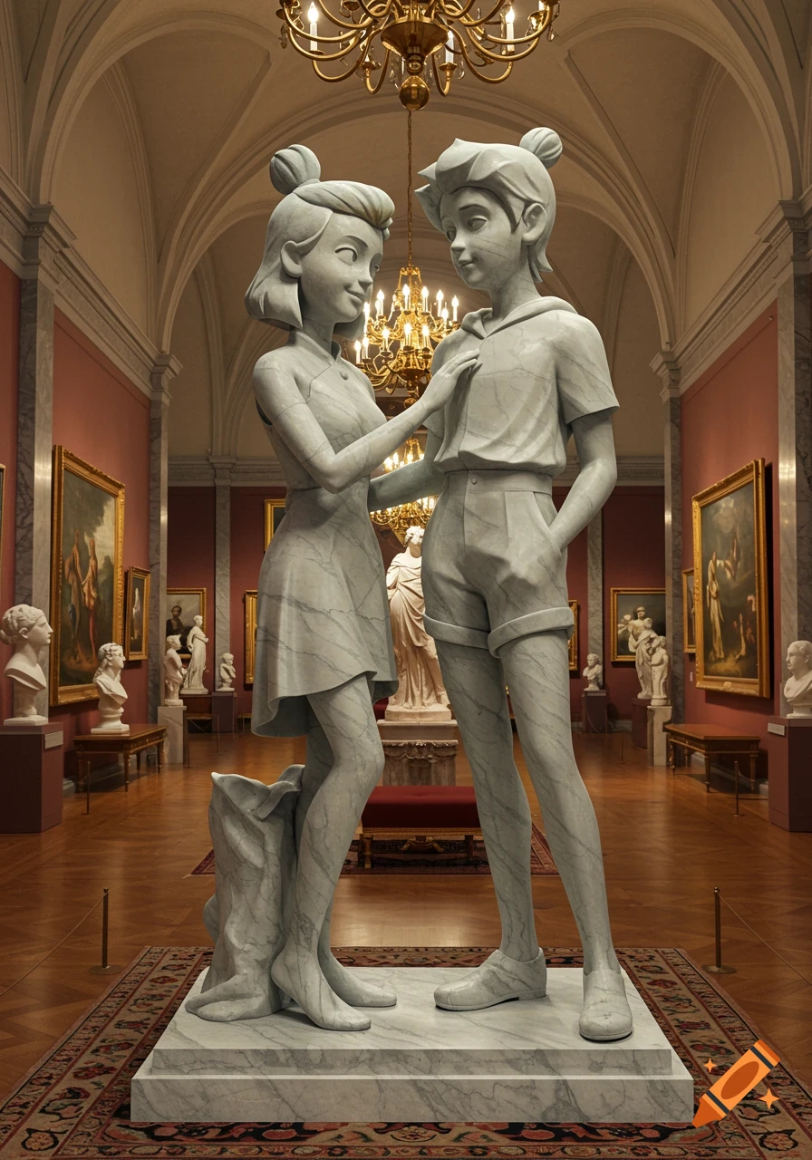 Two stylized marble statues of a boy and a girl in a grand museum hall with paintings and chandeliers.