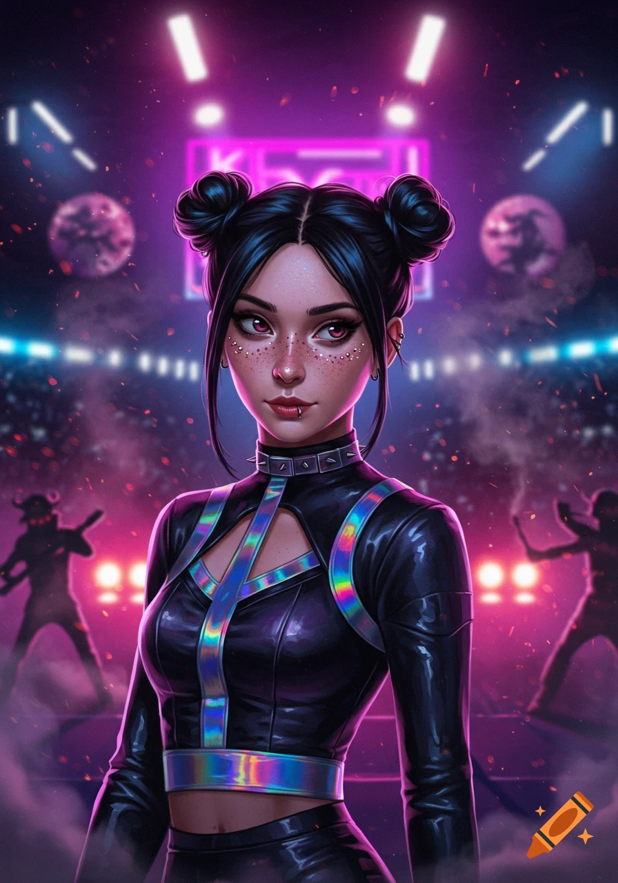 A stylized woman with black space buns, freckles, and dark, iridescent clothing stands on a neon-lit stage with silhouetted figures.