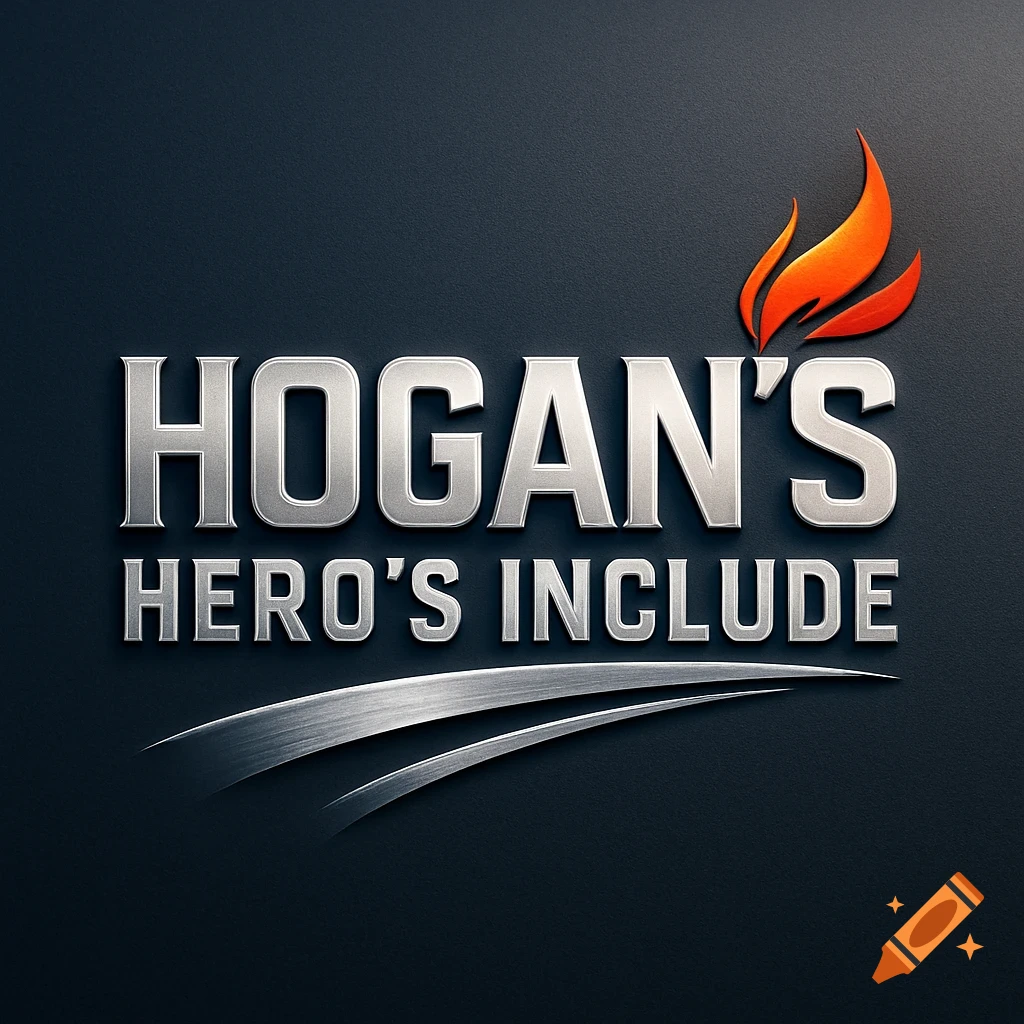 A metallic silver logo with the text "HOGAN'S HERO'S INCLUDE" and an orange flame graphic on a dark background.