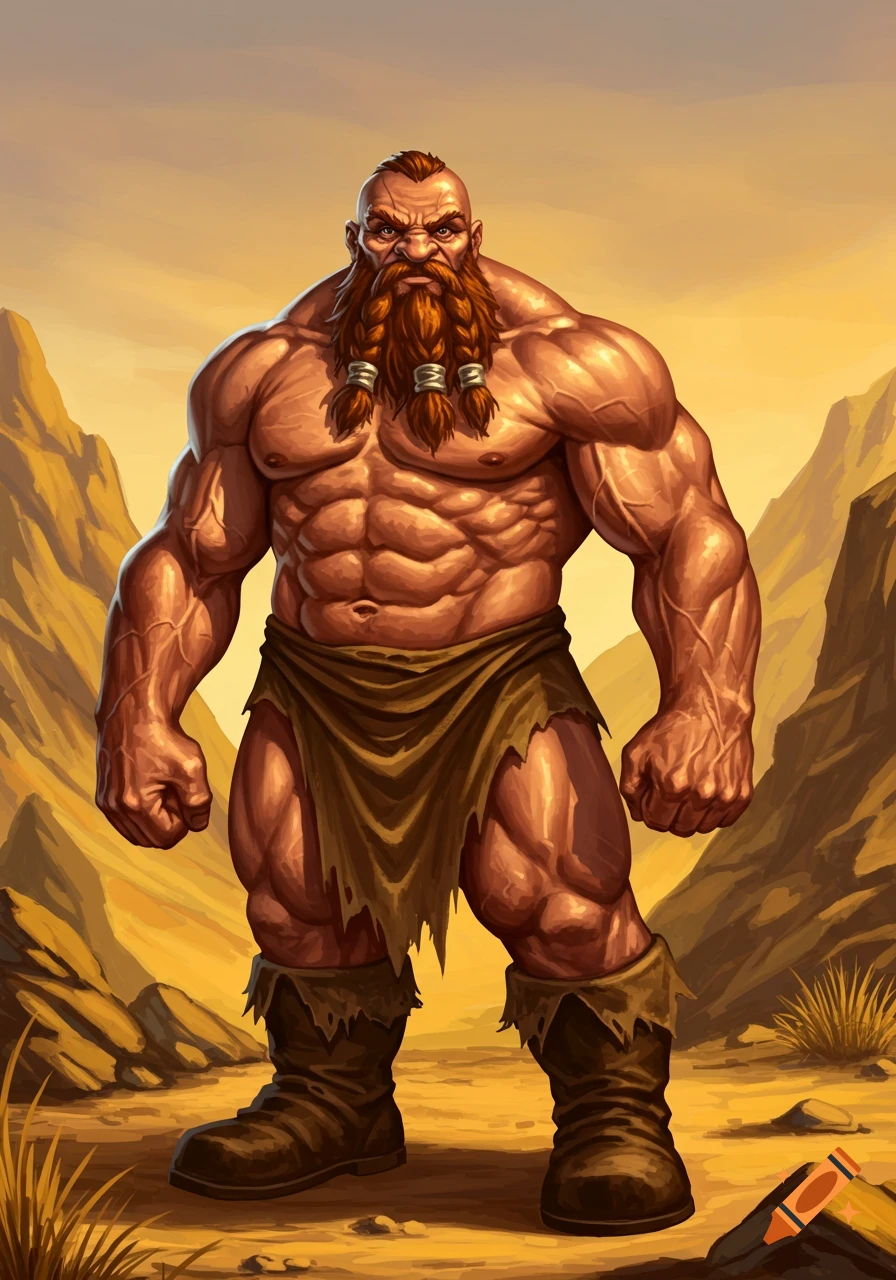 A muscular dwarf with a braided beard and mohawk, wearing rags, stands in a desert. Digital painting.