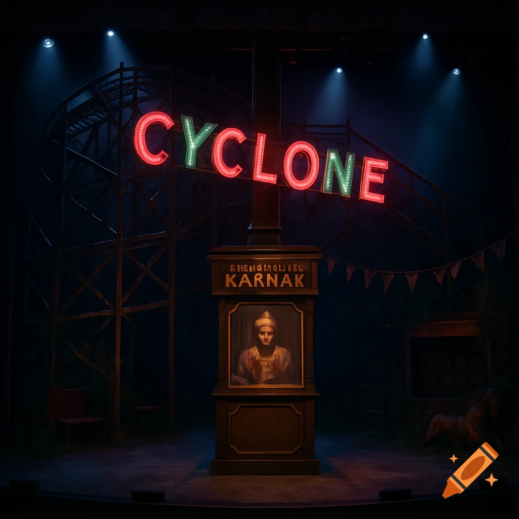 A dark stage set for a musical, featuring a neon sign reading "CYCLONE" above a fortune teller stand, resembling a rundown fair.