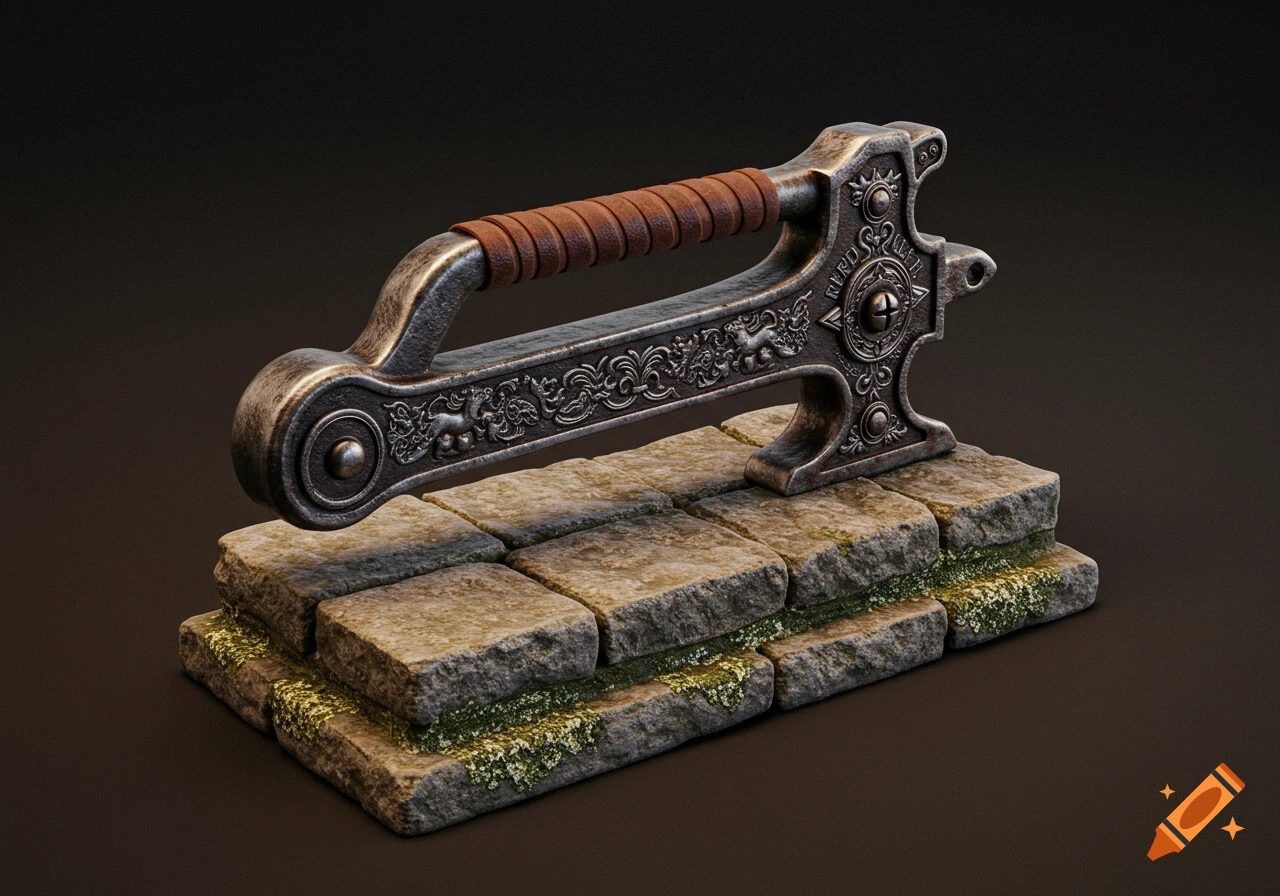 An ornate medieval-style metal handle with a brown leather grip rests on moss-covered stone blocks in a realistic 3D render.
