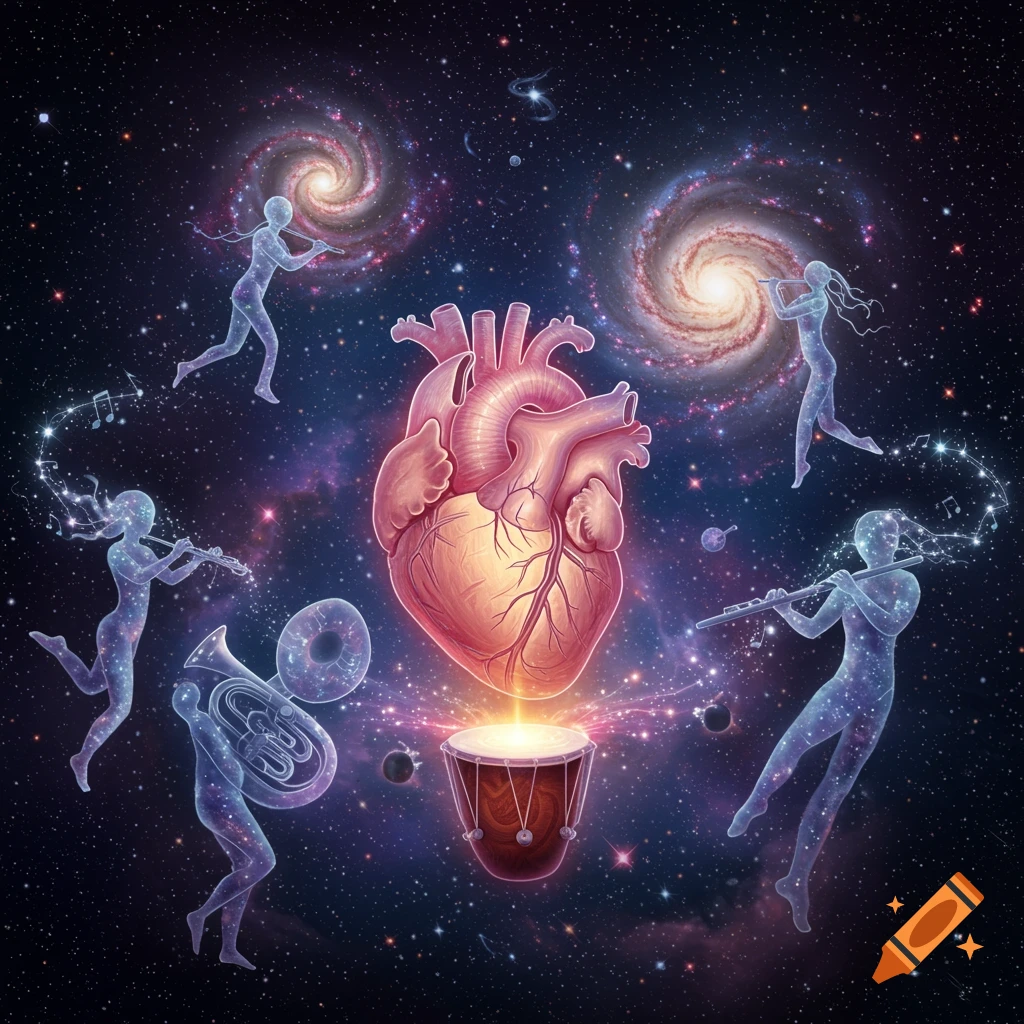 A glowing anatomical heart surrounded by translucent cosmic figures playing instruments made of stars and galaxies in deep space.