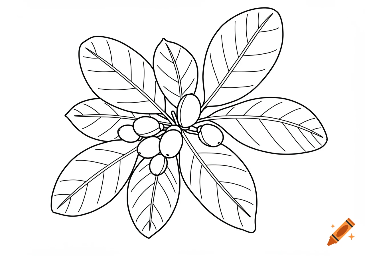 Black and white line art of a plant with leaves and berries, designed as a coloring page.