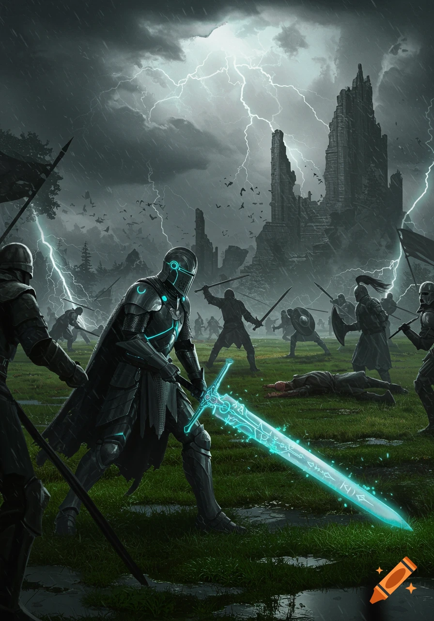 Knights battle in a stormy field under lightning, a ruined castle looms in the background.
