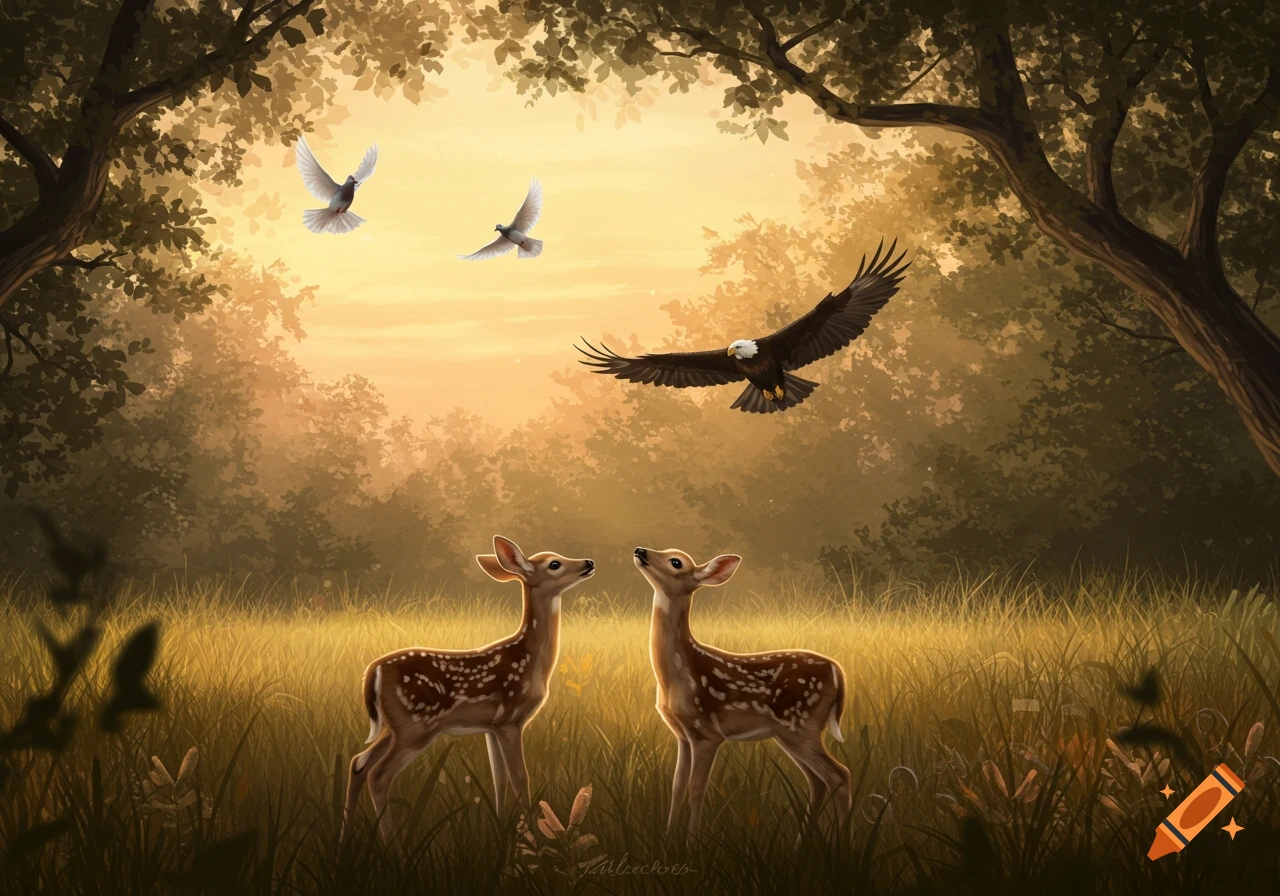 Two fawns gaze up at an eagle and two doves flying above a golden forest clearing in an illustrative style.
