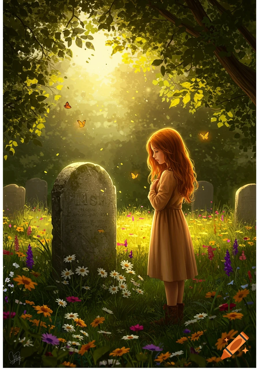A solemn girl with long red hair stands before a sunlit gravestone in a vibrant, flower-filled cemetery under a tree canopy.
