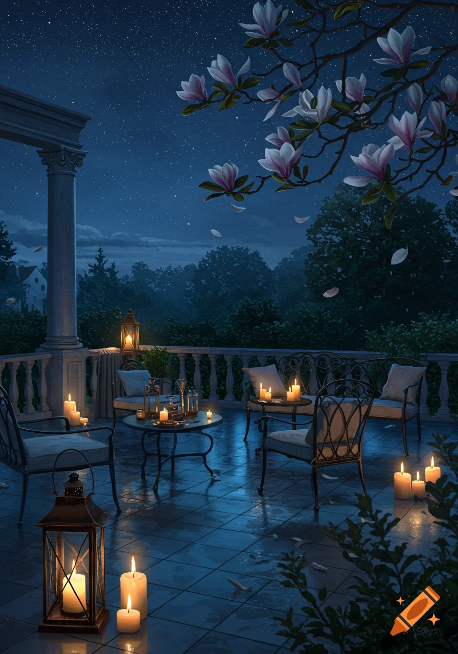 A serene night scene on a stone patio adorned with many lit candles and lanterns, under a starry sky with a blossoming magnolia branch overhead, overlooking a dark, misty forest.