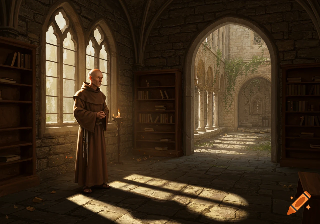 A bald medieval monk stands in a sunlit stone monastery library looking out at a cloister courtyard.