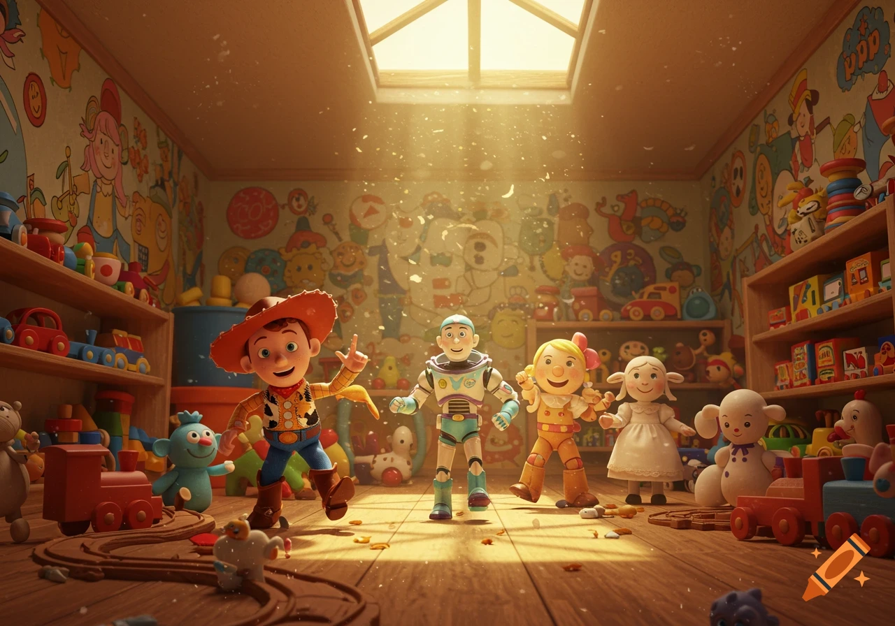 Animated toys resembling Toy Story characters, Woody, Buzz, and Bo Peep, stand in a sunlit child's playroom.