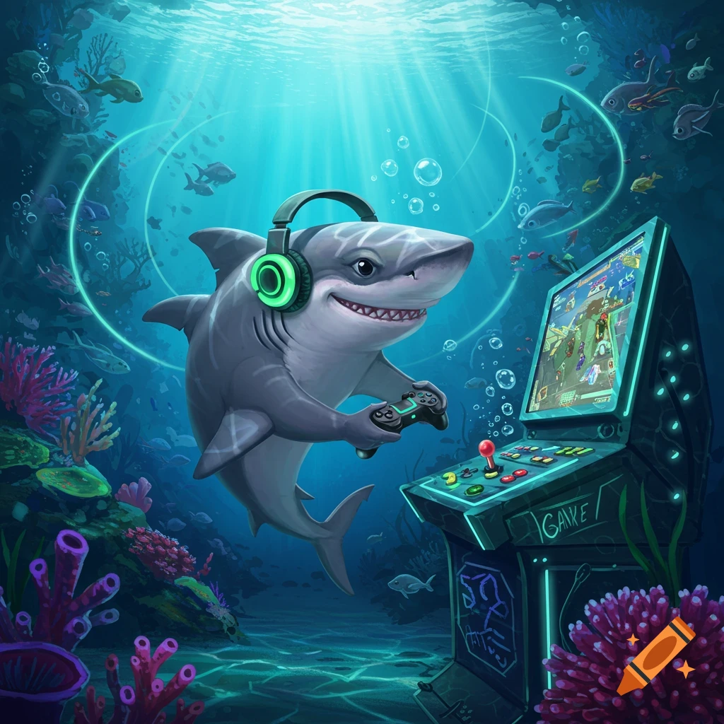 A smiling cartoon shark wearing green headphones plays a video game on an arcade machine underwater with coral and fish.