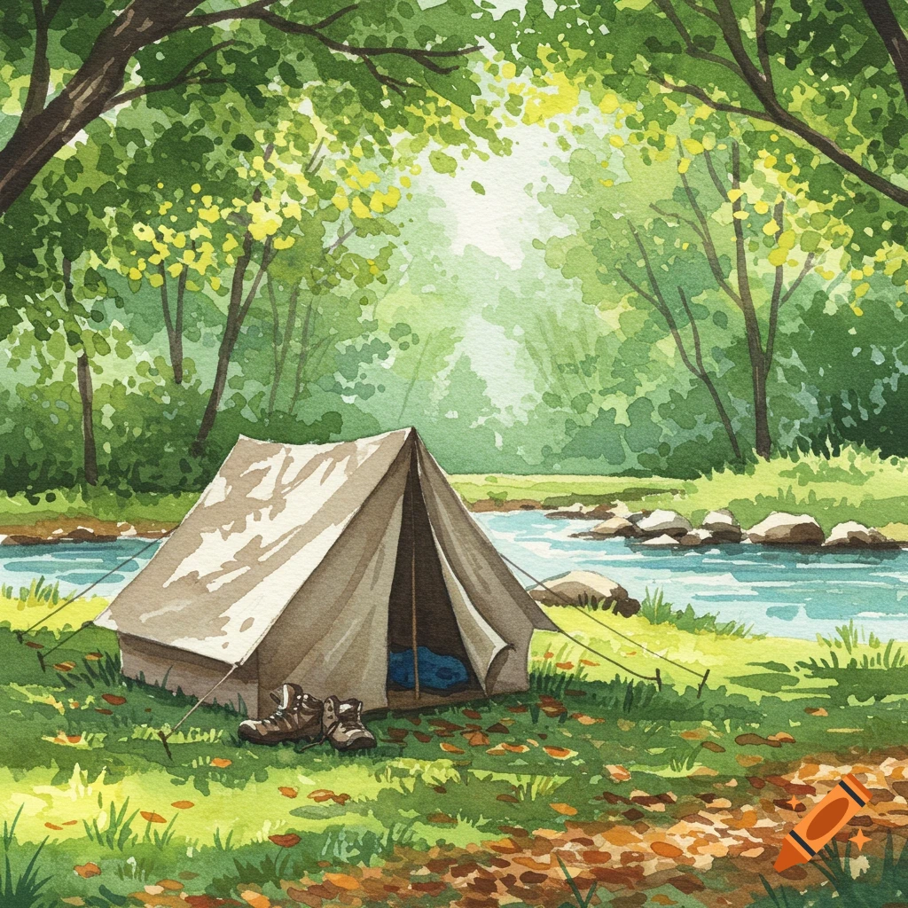A watercolor painting of a tent by a river in a lush forest with sunlight filtering through the trees.