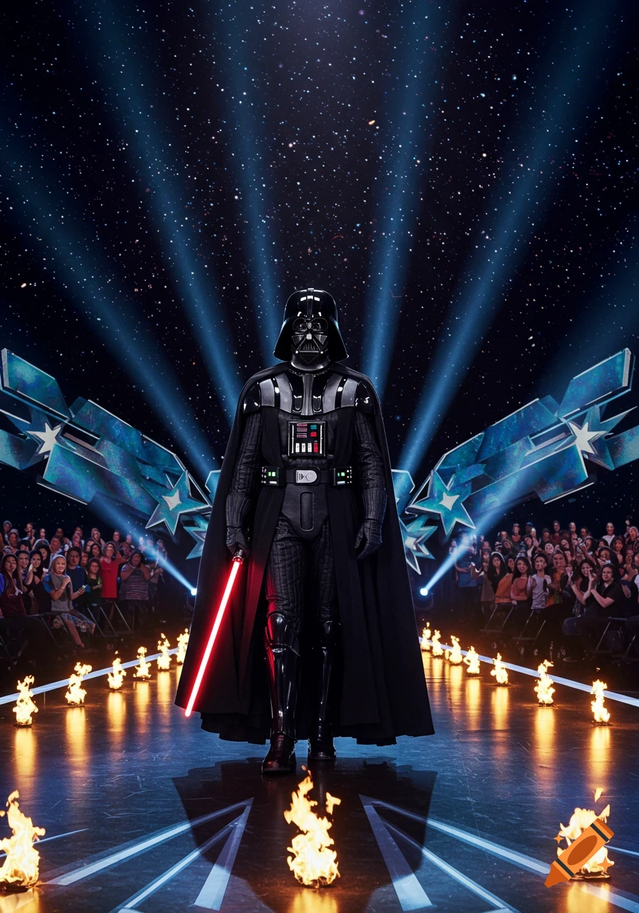 Photorealistic image of Darth Vader standing on a stage with a red lightsaber, spotlights, starry background, audience, and stage flames.