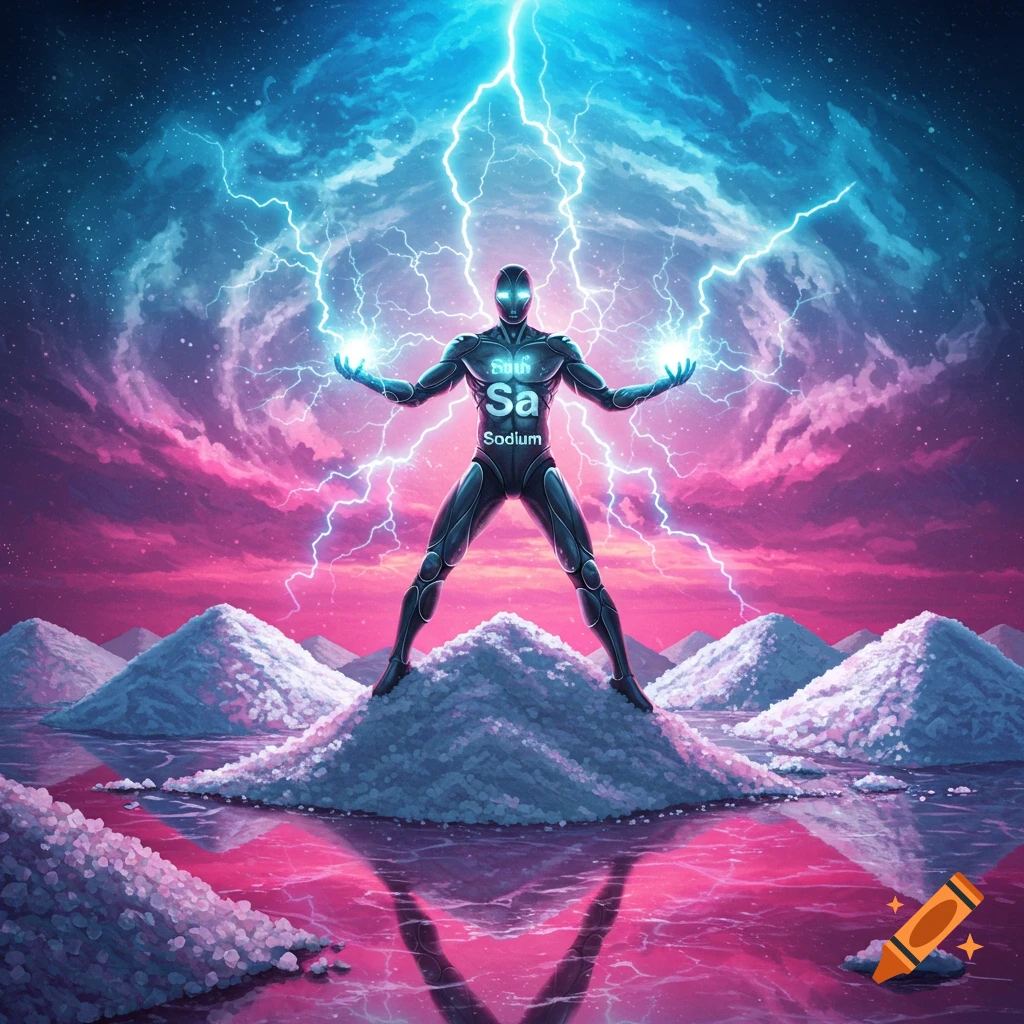 A dark figure with glowing eyes and hands stands on white salt piles, summoning blue lightning under a vibrant pink and blue sky.